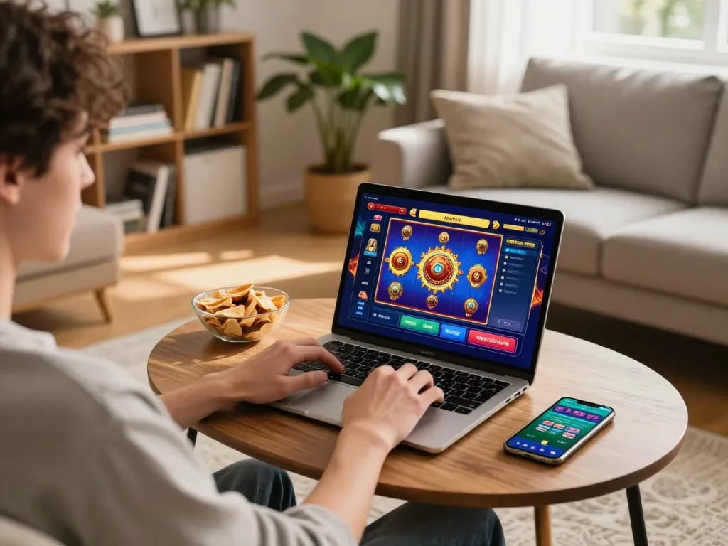 Bermain slot online di laptop di rumah, menunjukkan pendekatan strategis dan suasana yang nyaman.