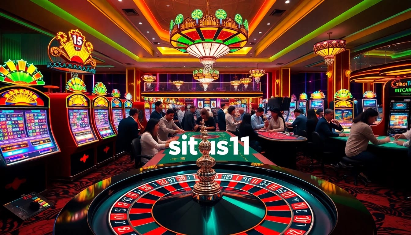 Situs11 casino scene showcasing vibrant slot machines and poker tables with enthusiastic players.