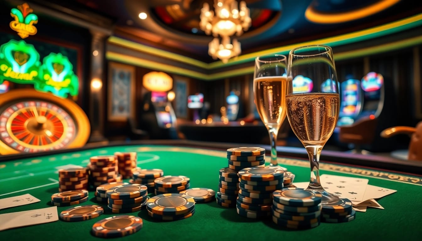 Situs Judi Bola showcases an elegant casino environment with betting slips and poker chips.