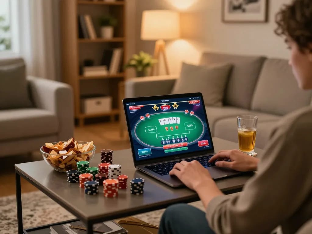 C168 player enjoying poker game on laptop in a cozy home setup, reflecting responsible gaming.