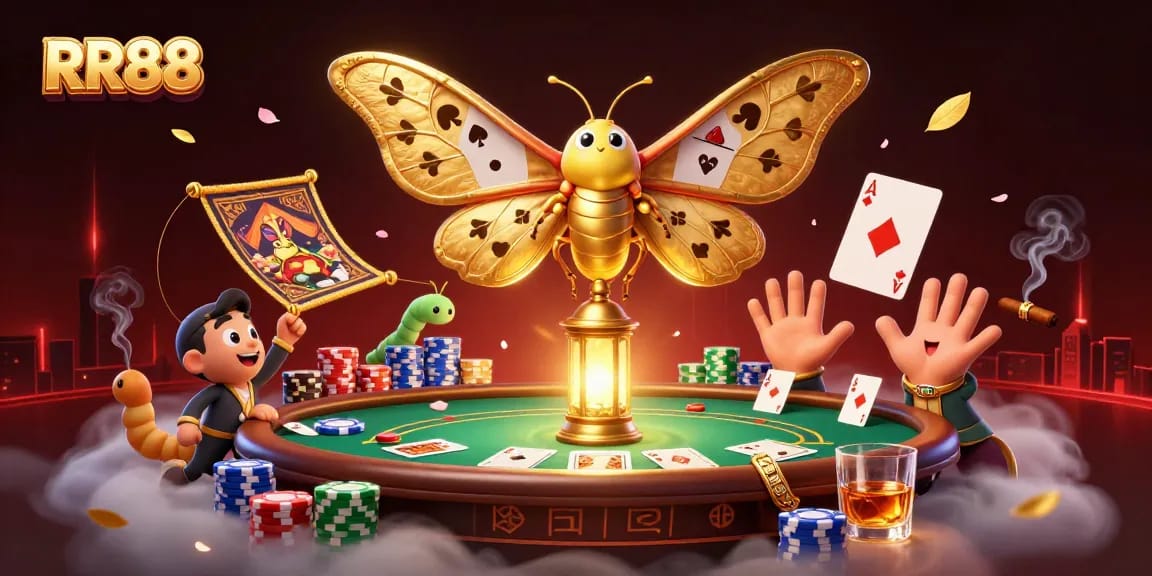 Play thrilling games at RR88 with a vibrant casino scene filled with poker elements.