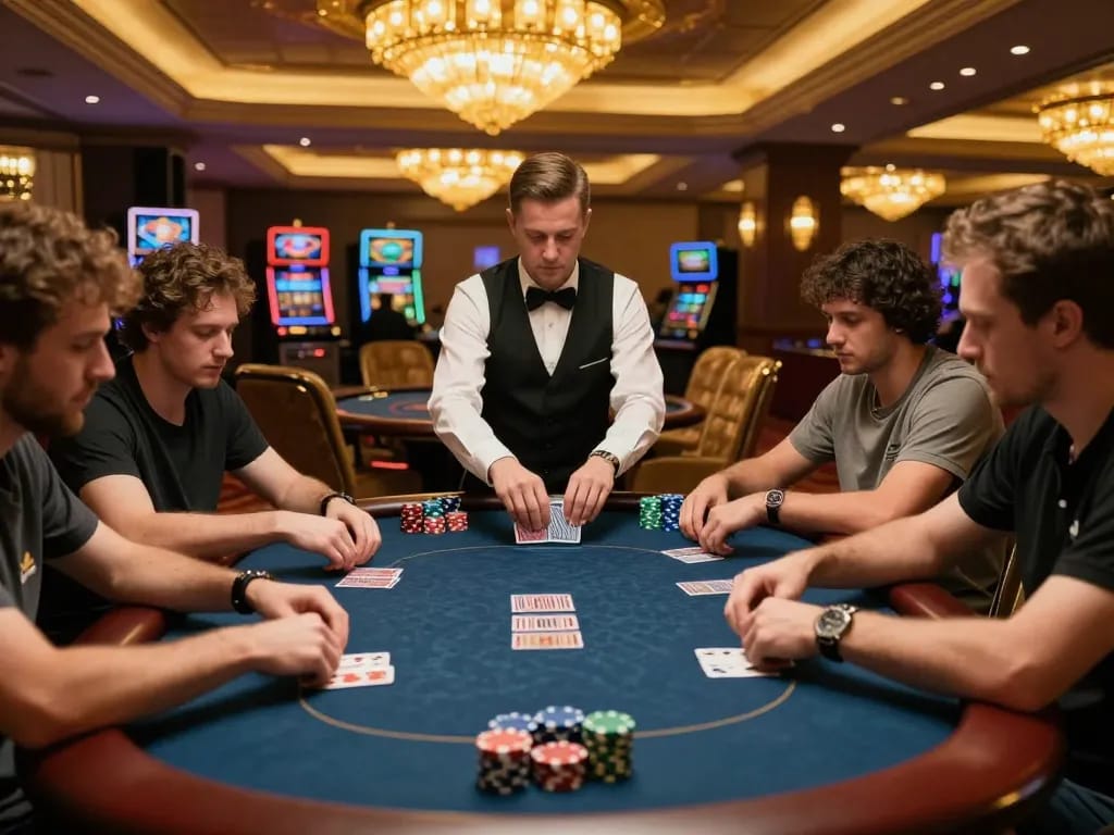 Experience a thrilling poker game at XX88 with players focused intently and chips stacked, showcasing a lively casino atmosphere.