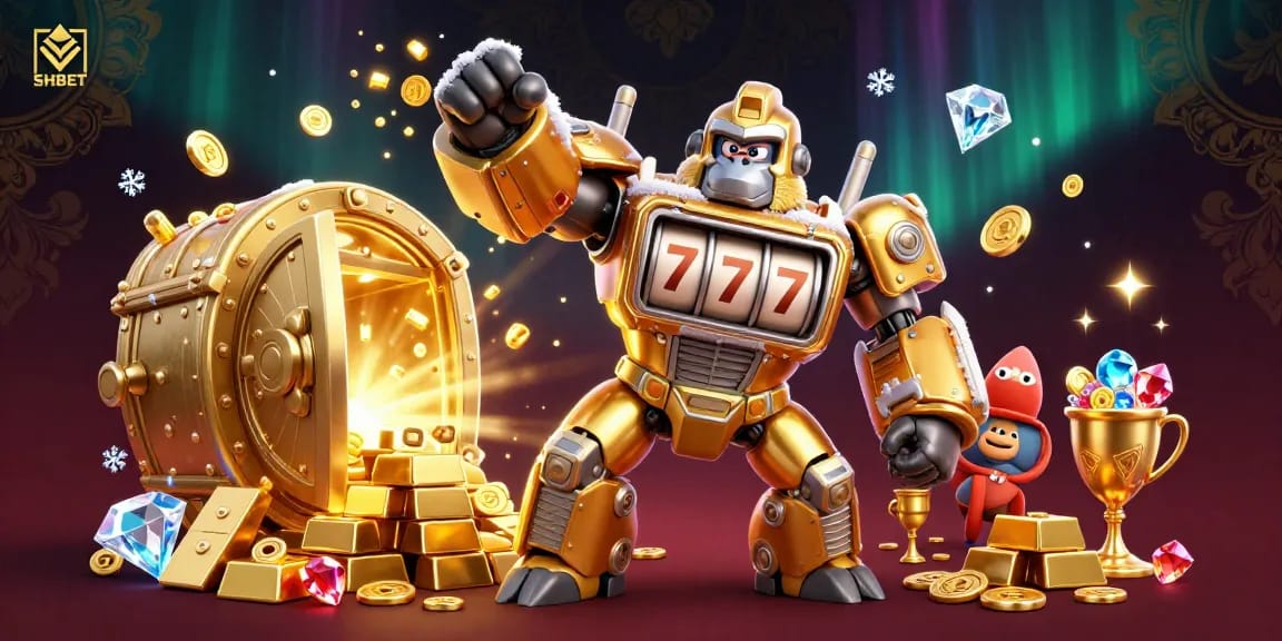 Spin the reels with SHBET's golden gorilla mech and treasure, bursting with rewards.