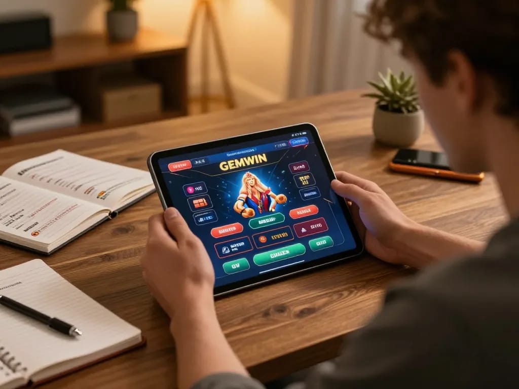 GEMWIN user engaging in strategic online gaming session at home with tablet and notes.