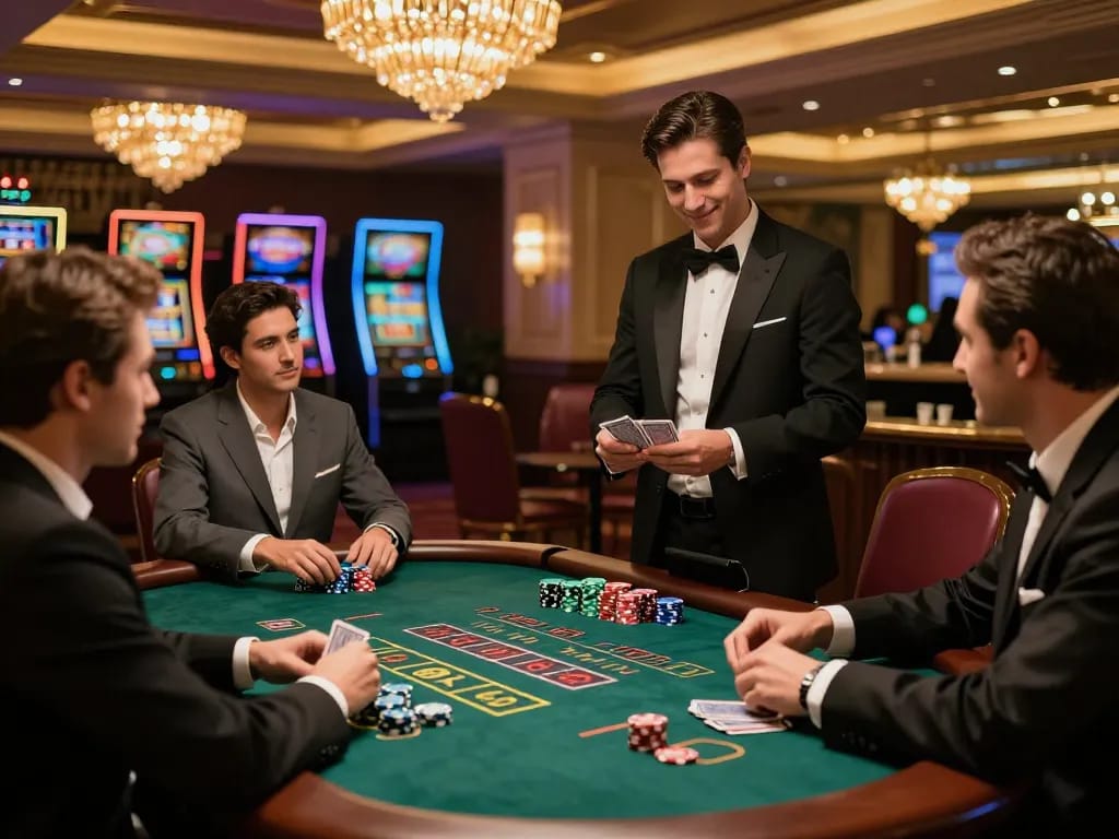 A player strategizes during a thrilling blackjack game at kdslot casino, surrounded by vibrant atmosphere and elegant decor.