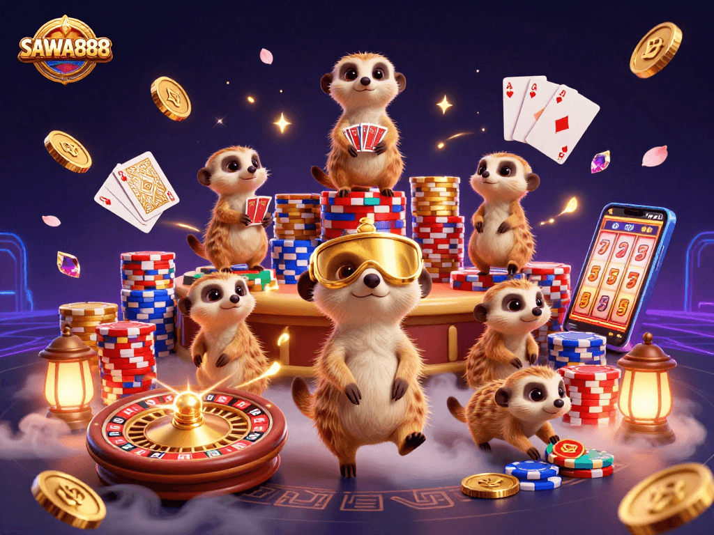 Experience the excitement at SAWA888 where meerkats run a vibrant casino, overflowing with golden coins and thrilling game elements.