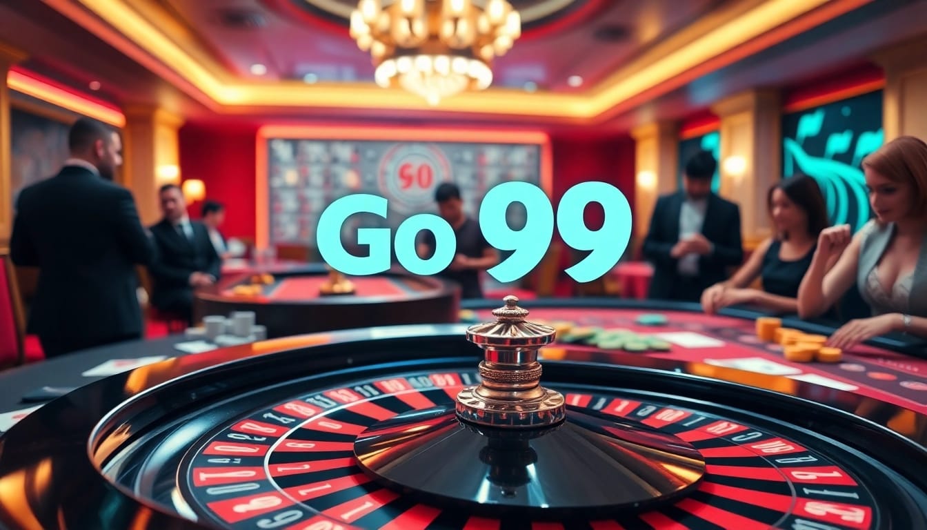 Players enjoying a thrilling game at Go 99 casino table with vibrant chips and cards.