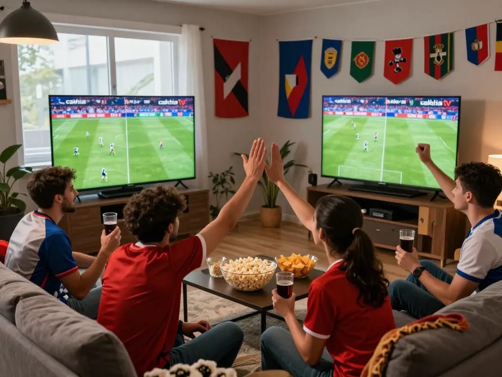 Cakhia TV fans excitedly watching a live football match in a cozy living room.