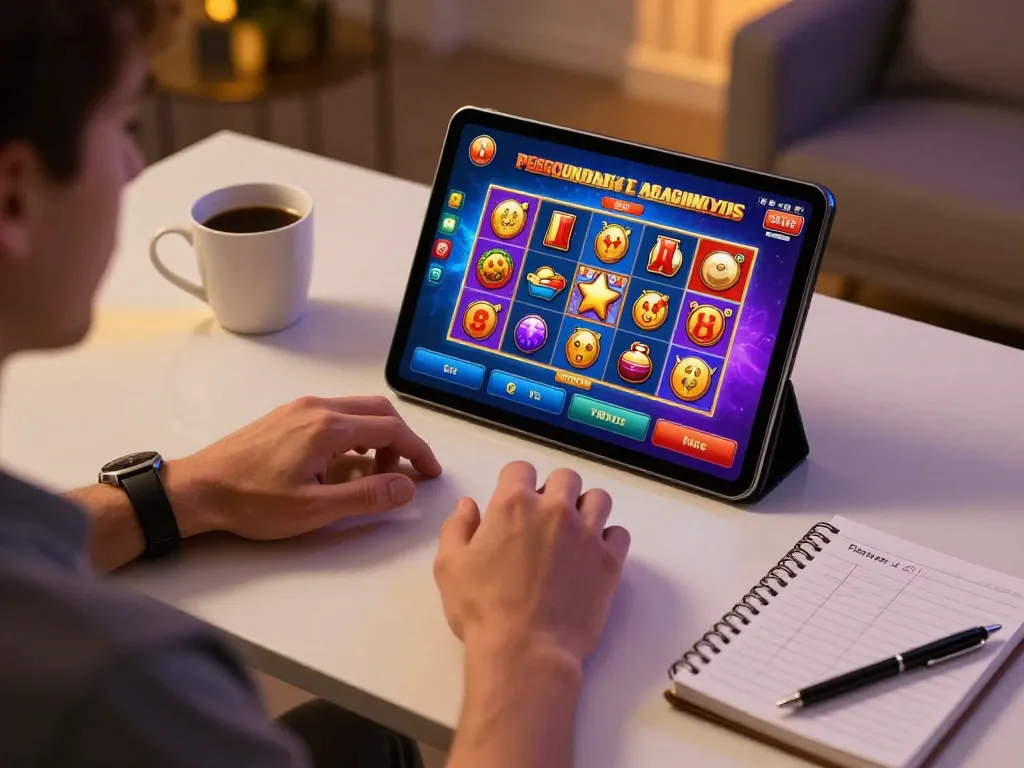 Player enjoying bonus new member slot games on tablet, showcasing exciting gaming interface and cozy environment