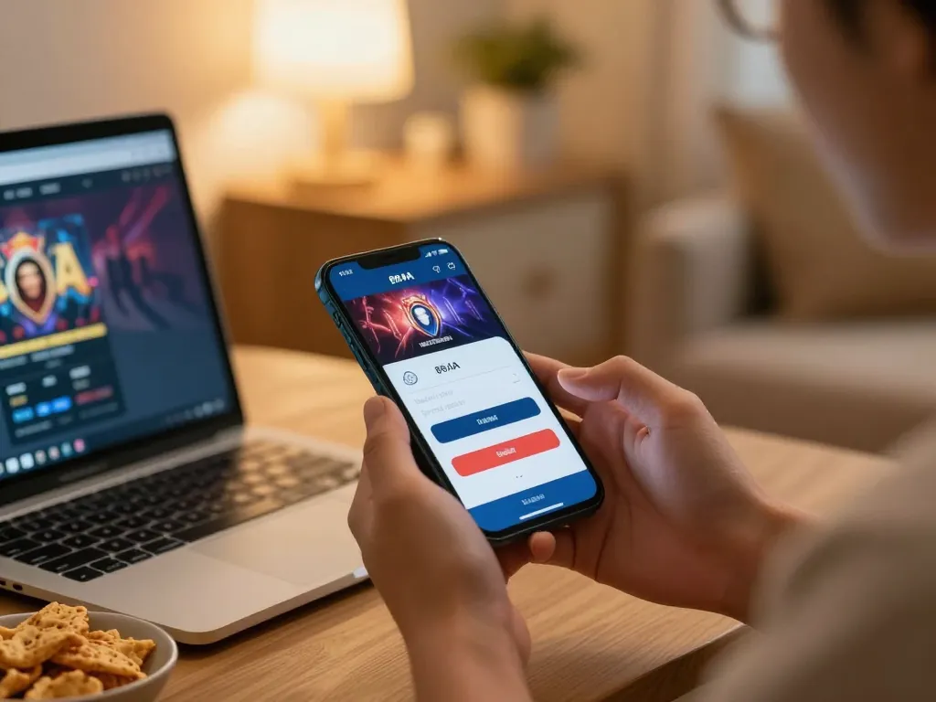 Secure 88aa đăng nhập on smartphone in cozy home environment enhancing online gaming experience.