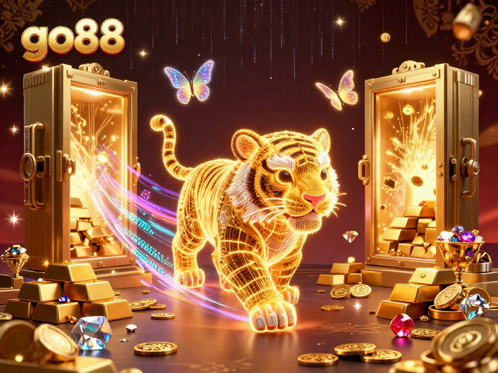 Experience the allure of go88 as a golden tiger leads a vibrant casino landscape filled with treasures.