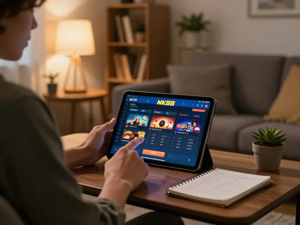 Engaging gameplay on nk88 app in a cozy living room, showcasing responsible online gambling.