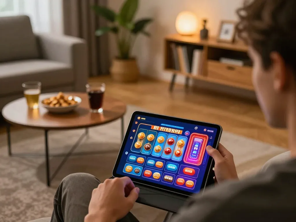 Engaging in the Jogoluck online gaming experience on a tablet in a cozy home.
