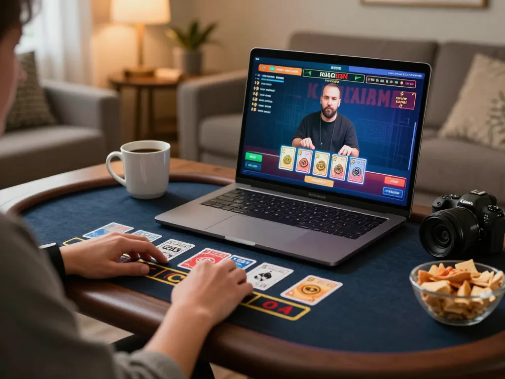 Player enjoying ta88's live dealer game on a laptop in a cozy home setup with coffee and snacks
