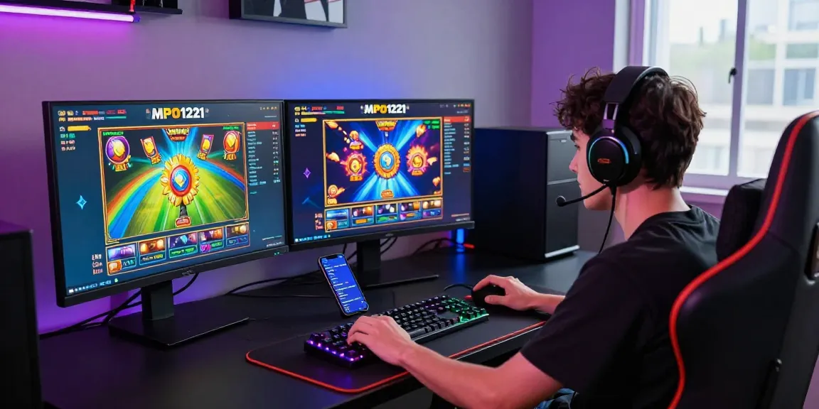Set up gaming yang menarik dengan permainan slot MPO1221, aksesori gaming modern, dan suasana yang semarak.