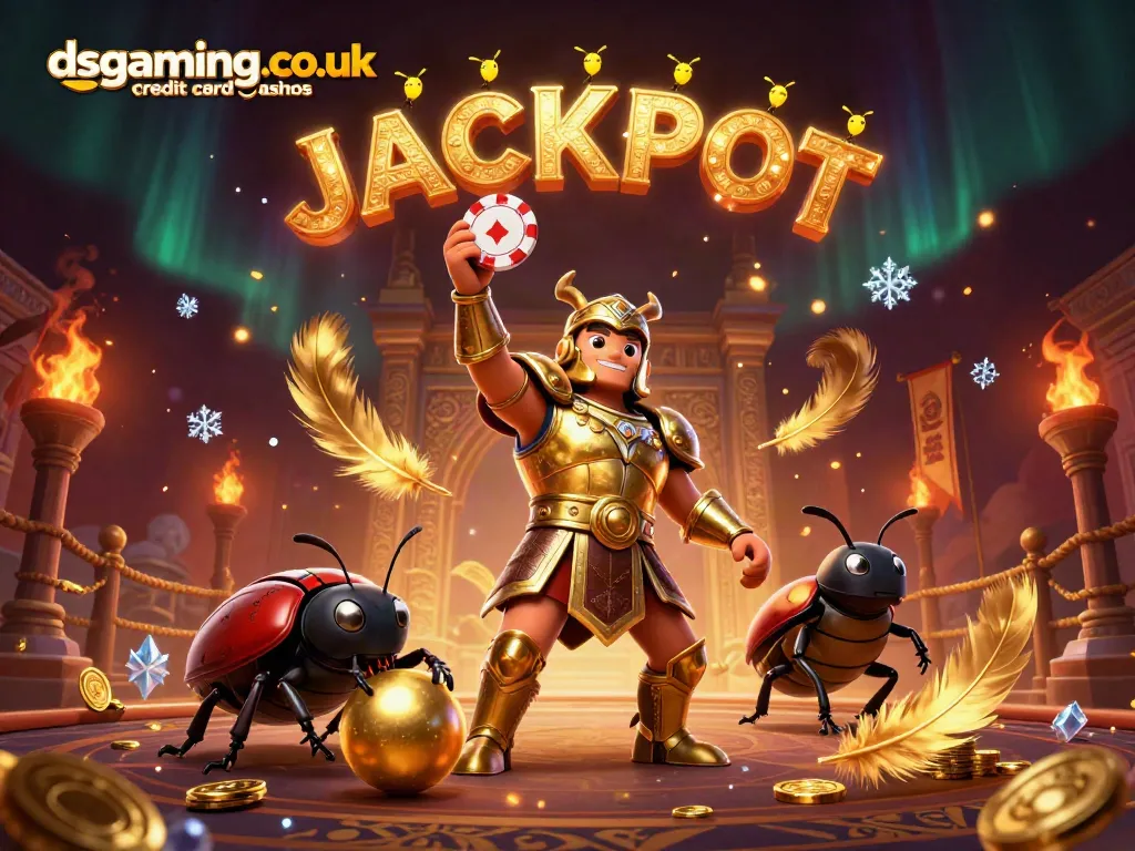 Engaging scene of dsgaming.co.uk credit card casinos with victorious beetle character and dynamic casino elements.