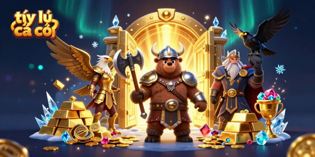 Witness the thrilling action of tỷ lệ cá cược illustrated with a Viking bear, Valkyrie eagle, and gold treasures amidst magical elements.