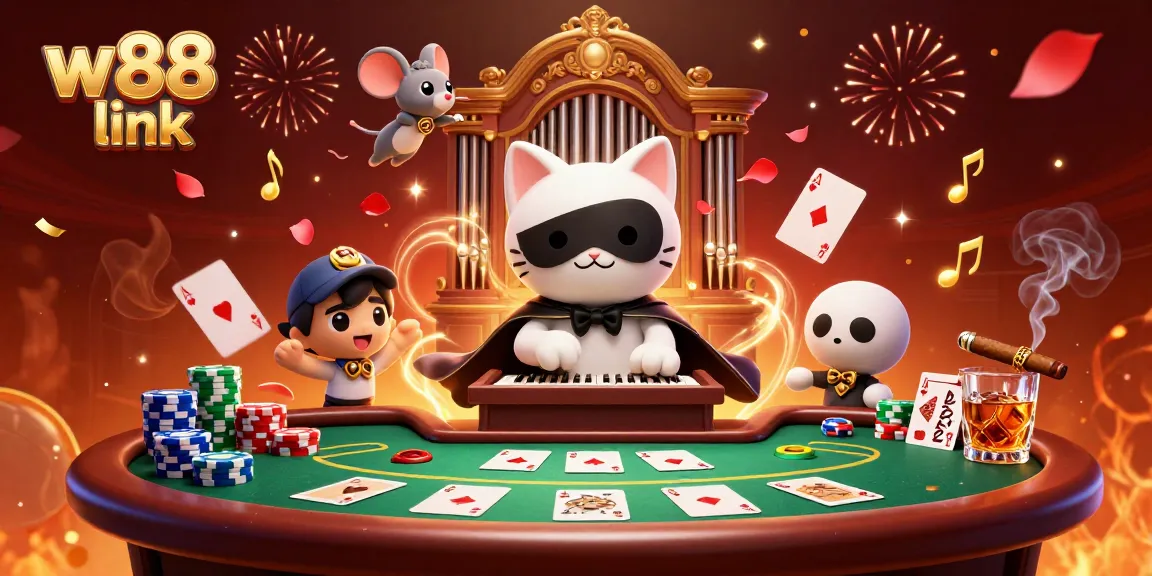 Bet on the thrilling w88 link experience featuring a casino scene with iconic characters and vibrant energy.