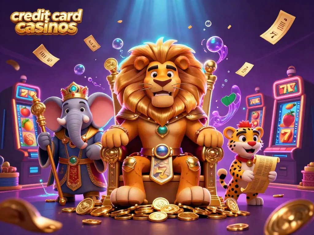 Engaging illustration of credit card casinos featuring a lion king, wise elephant advisor, and a cheetah messenger with dynamic casino elements.