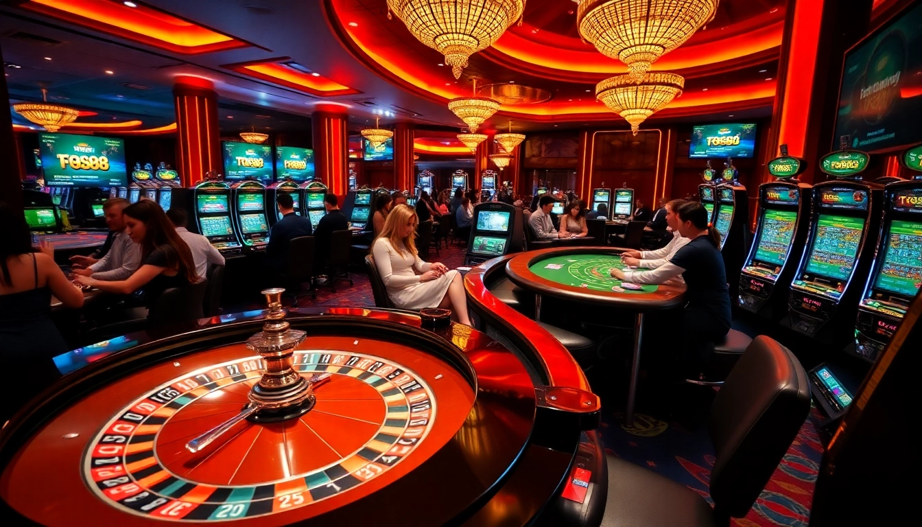 Experience the thrill of winning at FB88 with a captivating casino scene showcasing roulette and slot machines.
