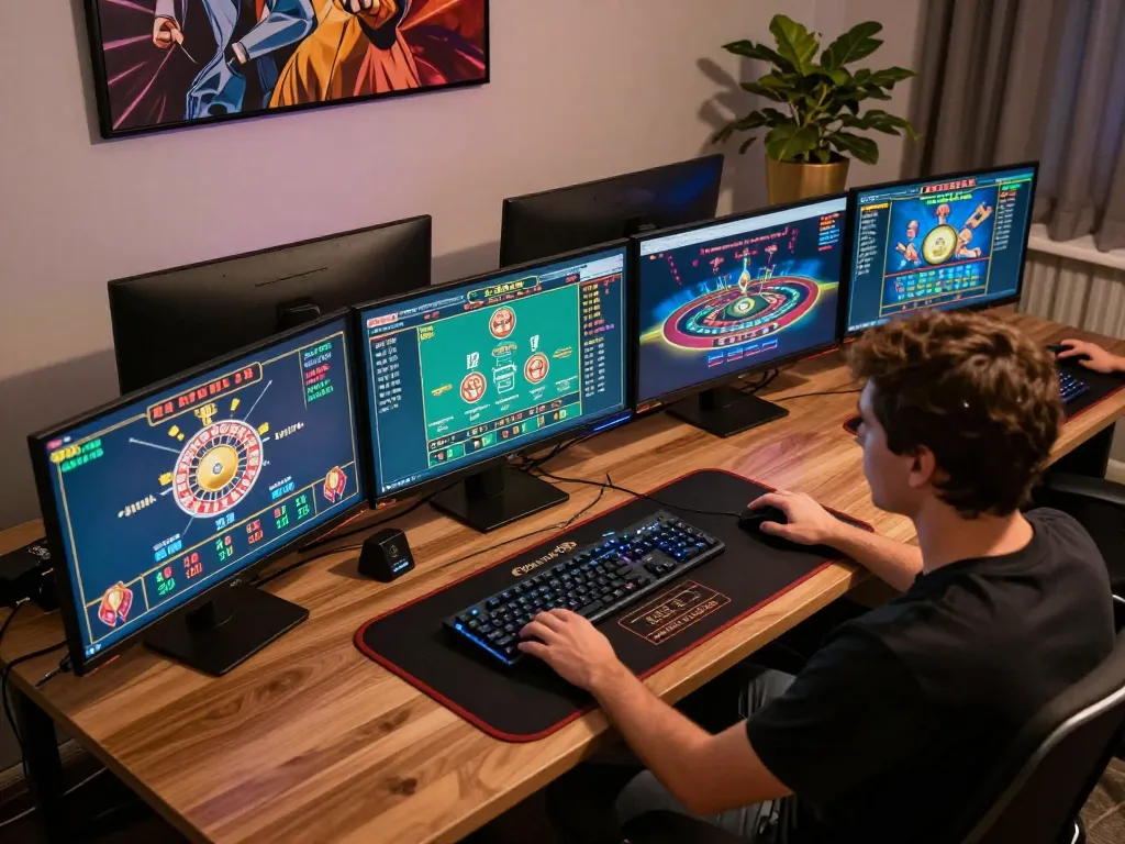 Engaging gameplay session at Upintogel online casino with multiple live games displayed on screens.