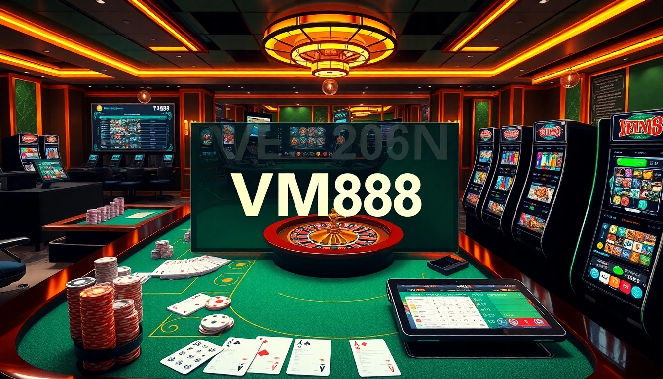 Engaging VM88 online casino interface displaying poker chips, cards, roulette wheel, and slots in a luxurious setting