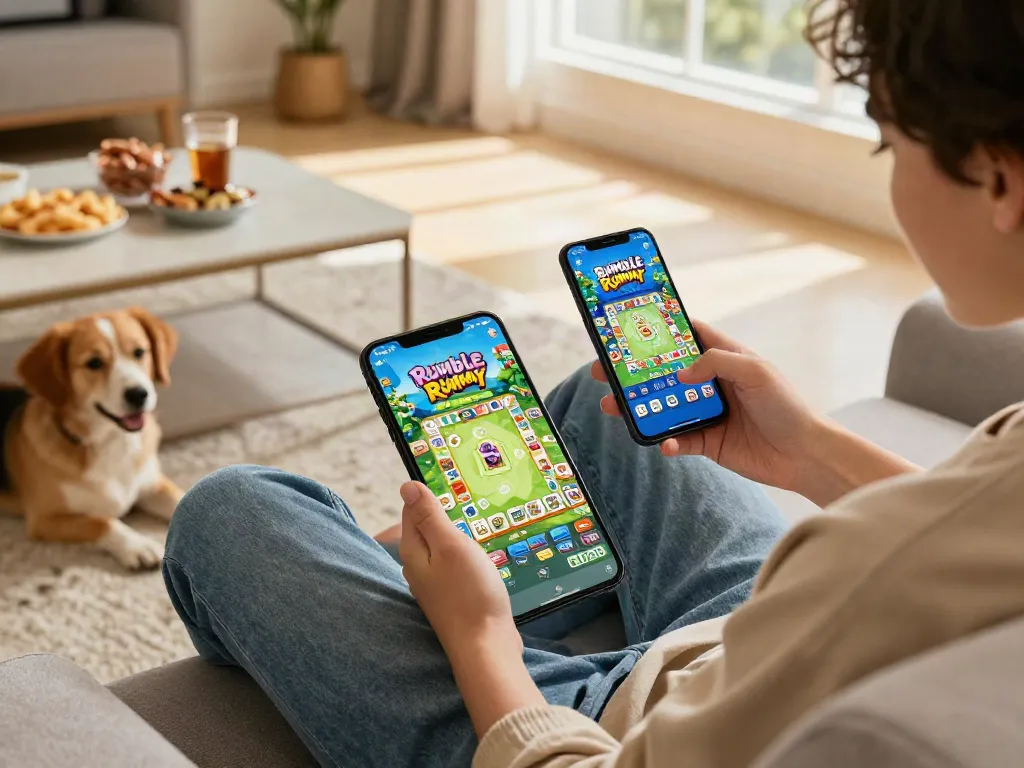 Engaged player enjoying the Rumble Rummy app on a smartphone in a bright living room.