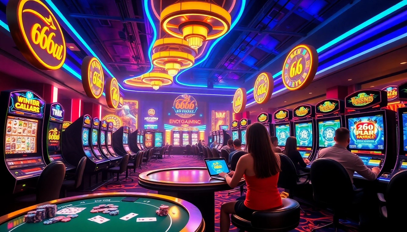 Experience the vibrant atmosphere of 66club featuring exciting gaming action and luxurious digital displays.