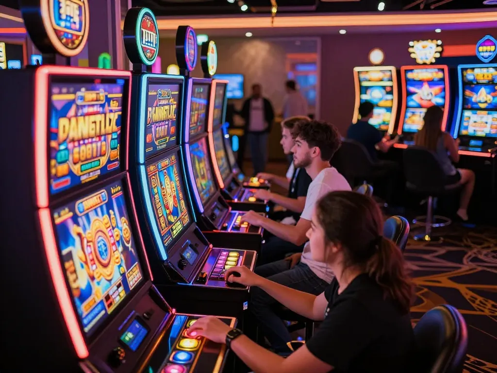 KDSlot players engaging excitedly with colorful digital slot machines in a vibrant online gaming atmosphere