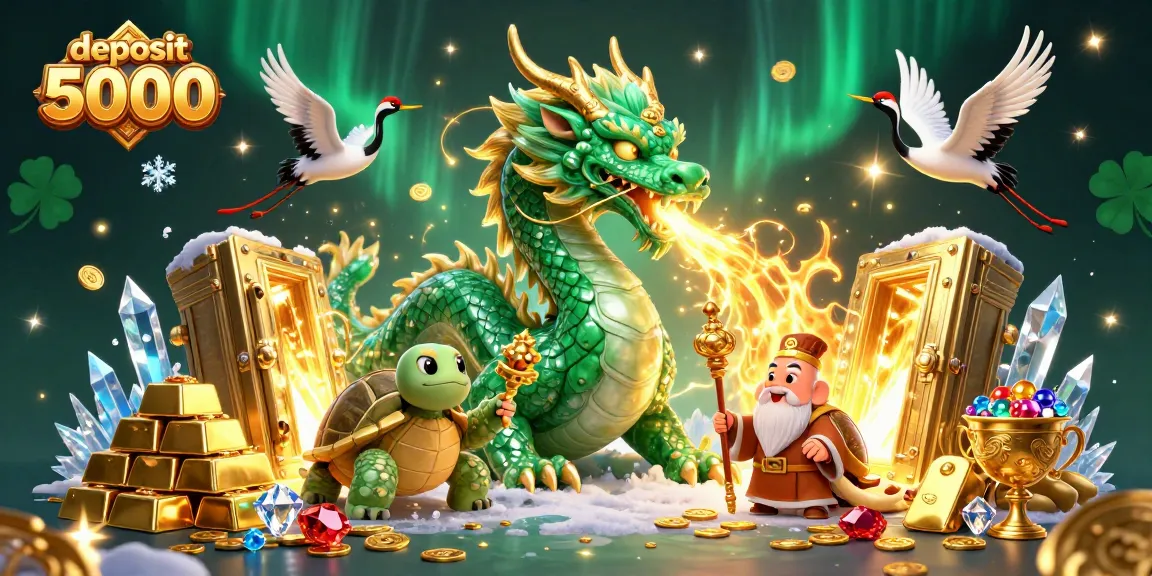 Unlock deposit 5000 opportunities with a dynamic casino scene featuring dragons and treasures.