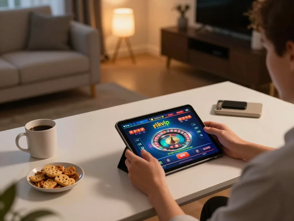Engaging with the rikvip online casino app through a tablet in a cozy home environment