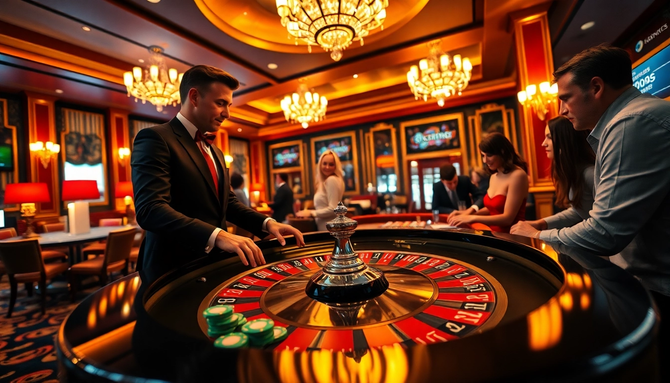 Engaging casino scene showcasing AT99娛樂 in a lively roulette game with players and a croupier.