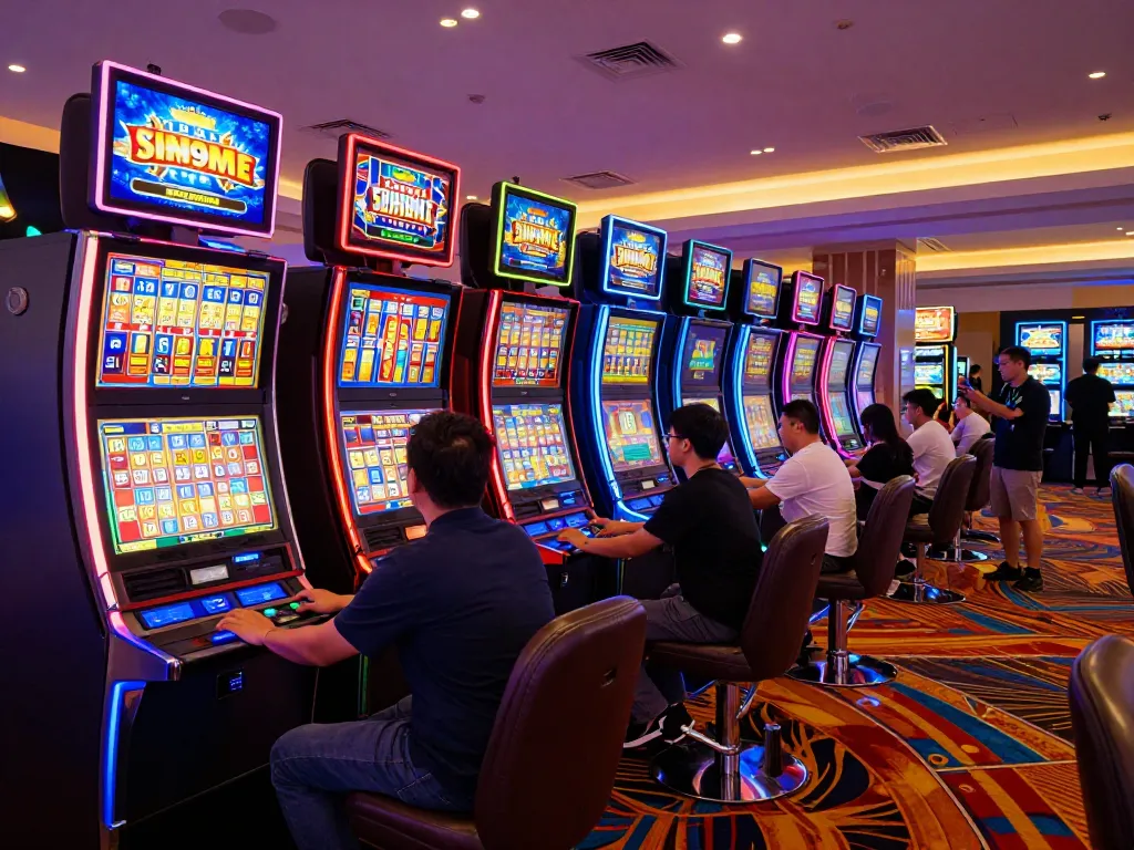 Players engaging with colorful slot machines at an upscale casino, enhancing their kdslot experience.