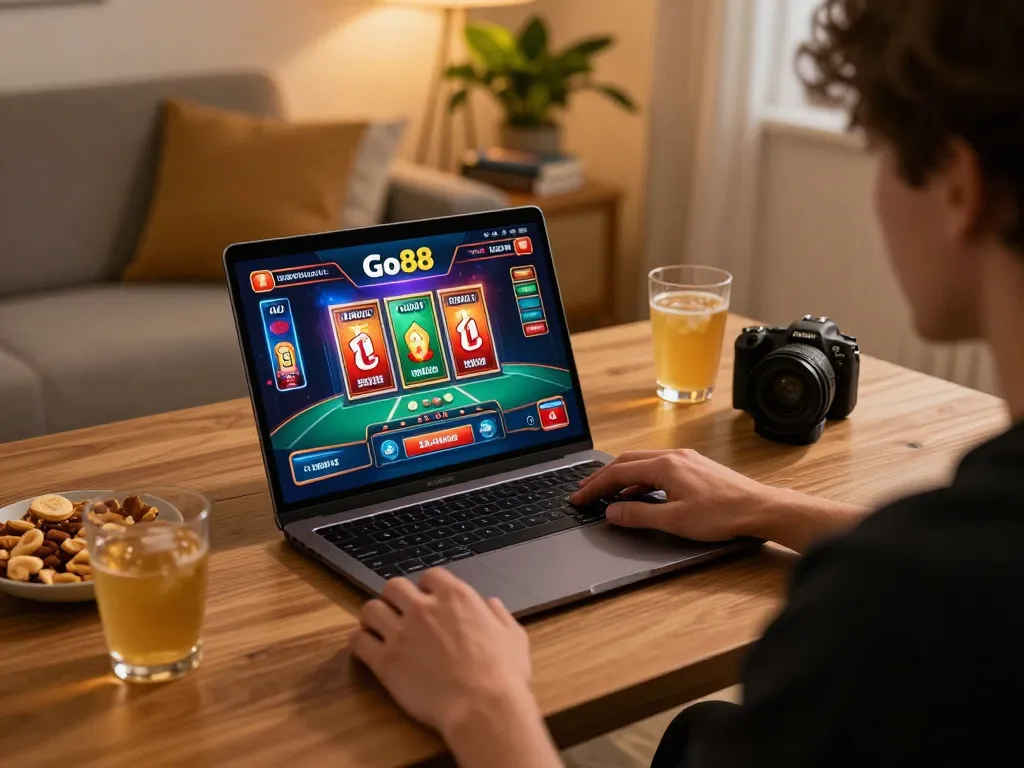 Engaging in Go88 online casino games from a cozy home setup, showcasing vibrant gameplay.
