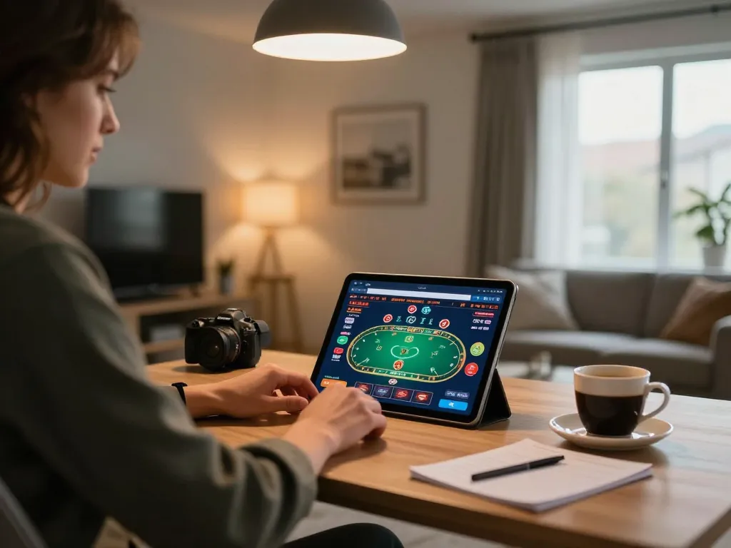 Person plays poker on TR88 app in cozy home office, focusing on strategic gameplay.