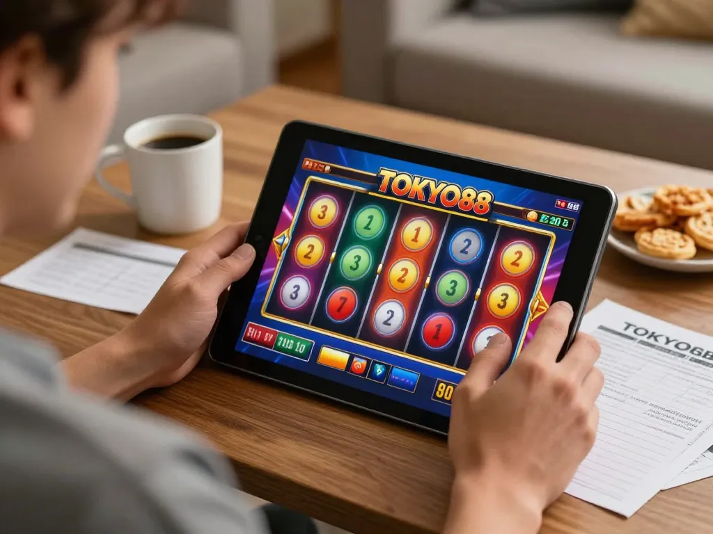 Bermain slot TOKYO88 di rumah, terlibat dalam permainan online berwarna-warni di tablet.