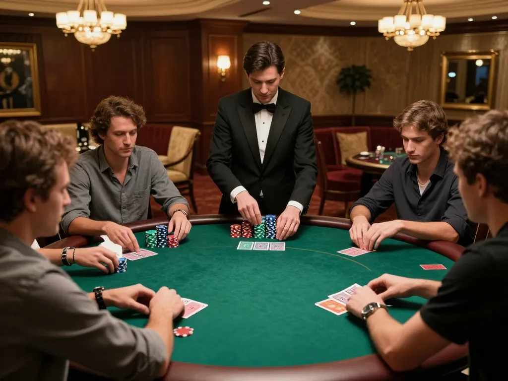 Win678 poker players in a lavish setting enjoying a strategic gaming experience at a green felt table.