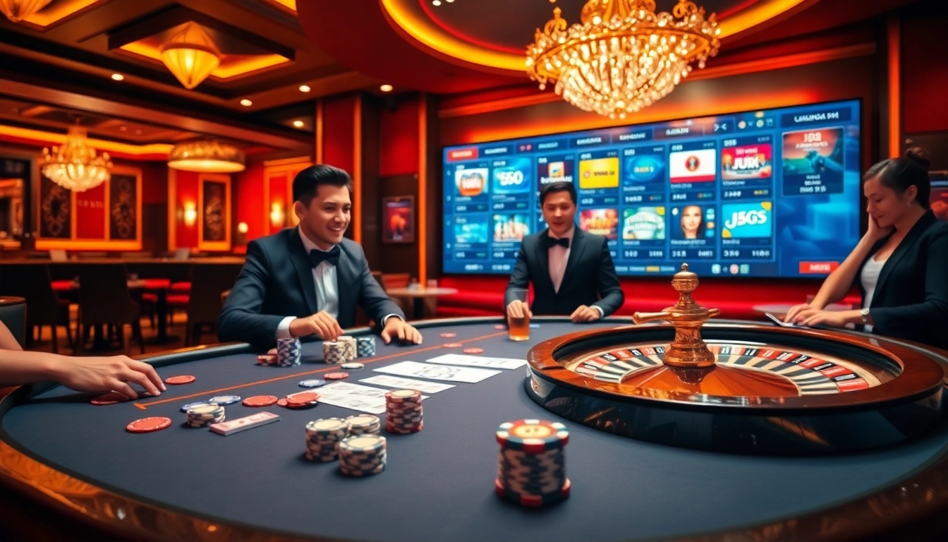 Excited players enjoying poker at a luxurious casino featuring the J 88 platform interface.