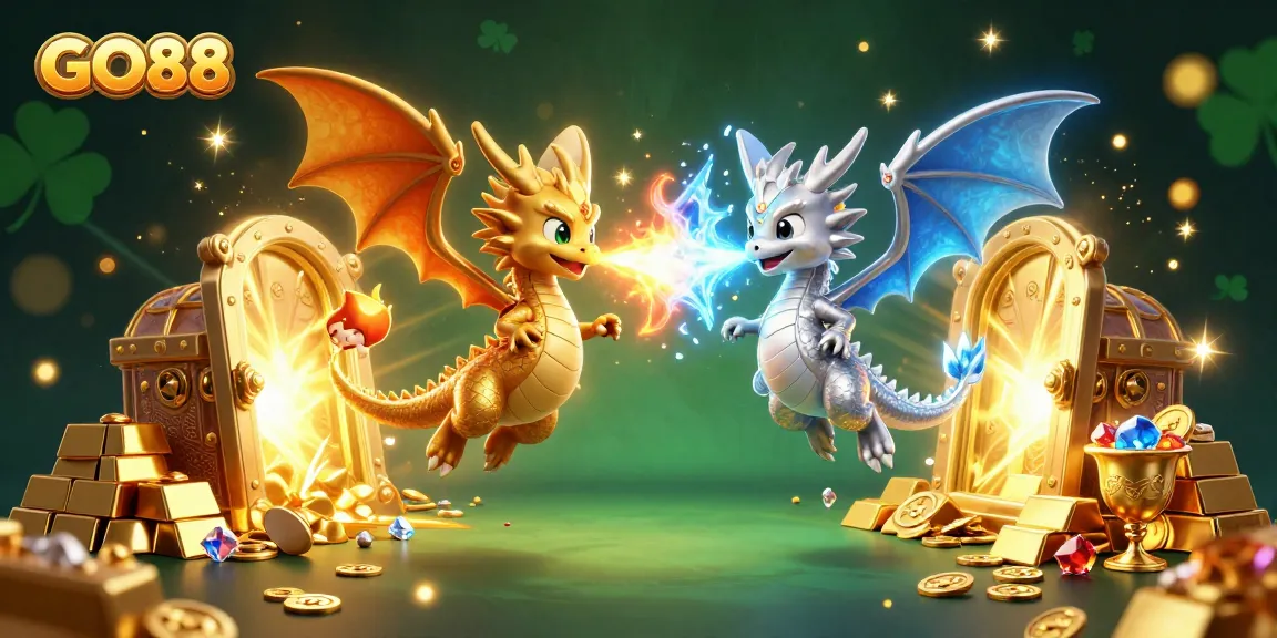 Spin the reels at GO88 with vibrant dragons amid treasure in a lively 3D scene.