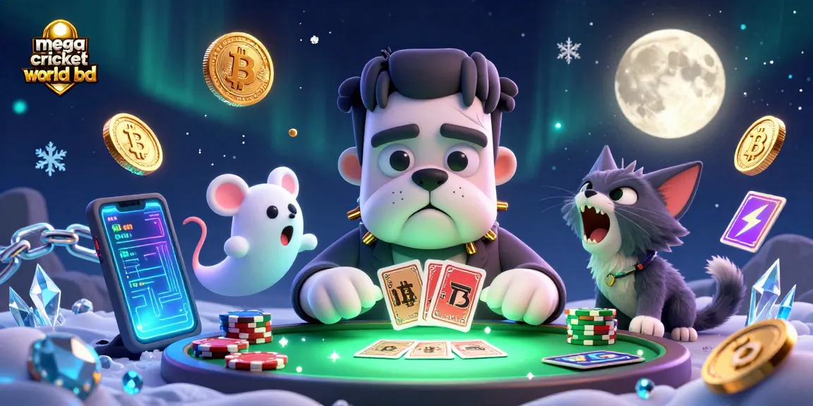 Engage with mega cricket world bd at a spooky casino table, featuring vibrant characters and crypto elements.