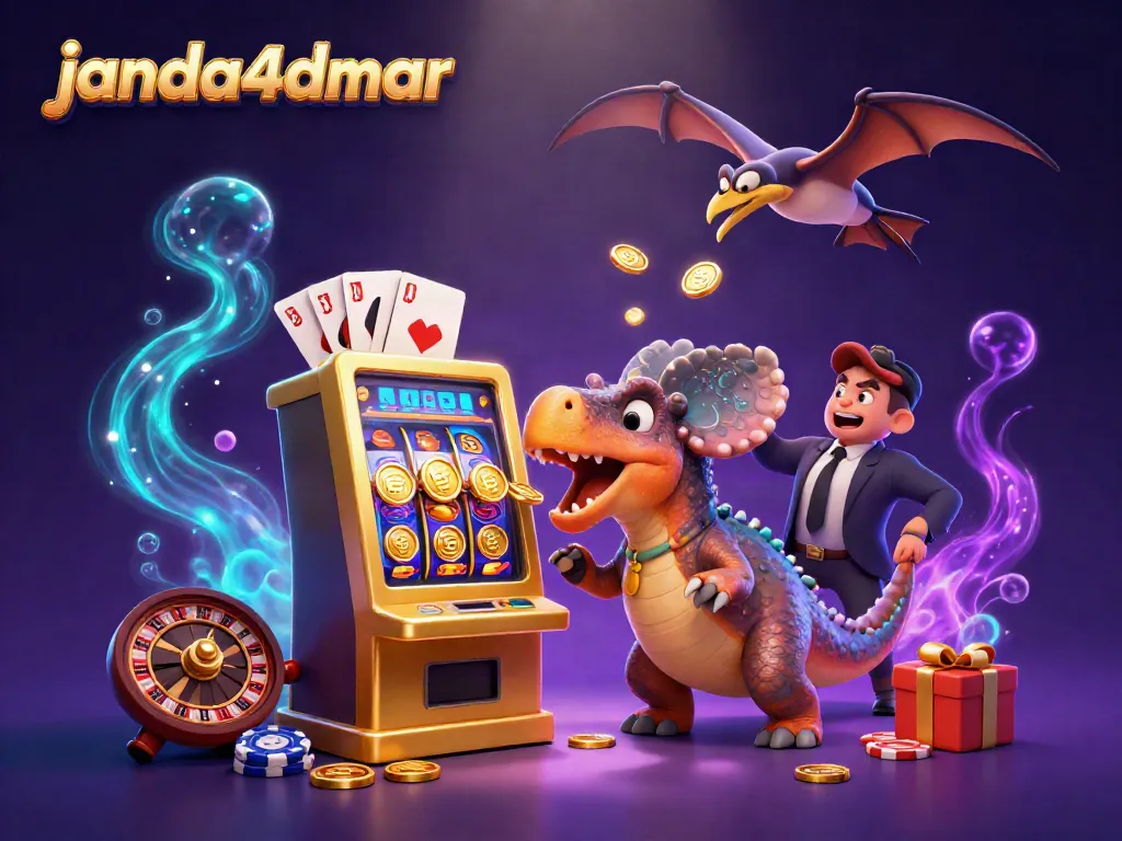 JANDA4D merayakan jackpot dengan dino lucu dan kejutan Coin Emas di kasino.