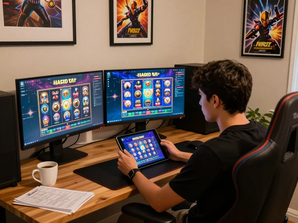 Engage in slot gacor hari ini gameplay on tablet in a modern home office setup, showcasing a vibrant gaming environment
