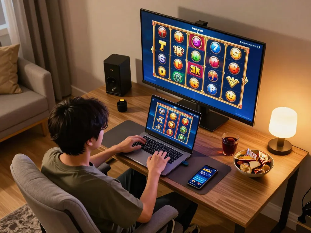 Experience slot gacor hari ini with live gameplay on a laptop in a cozy home setting