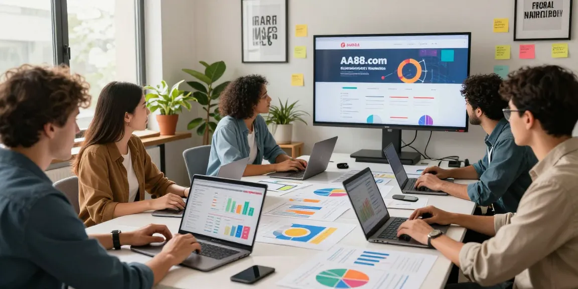 A diverse marketing team brainstorming strategies for AA88.com in a vibrant office space.