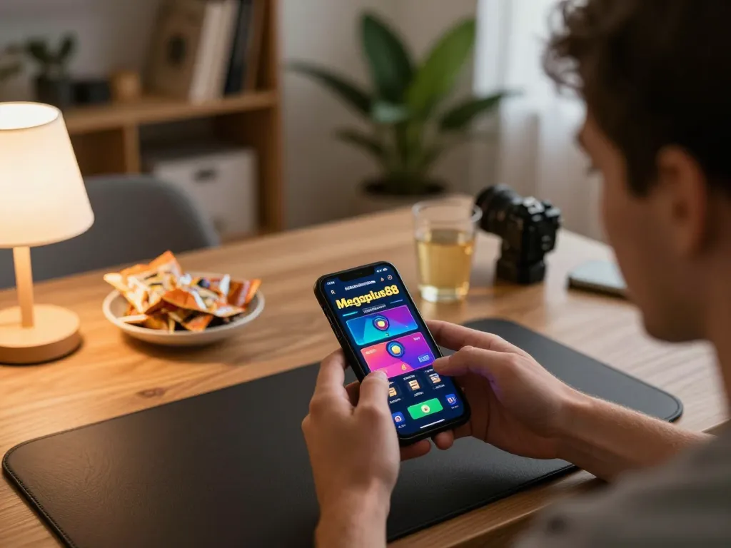 Engaged player using Megaplus88 mobile app for online casino gaming, cozy home setup