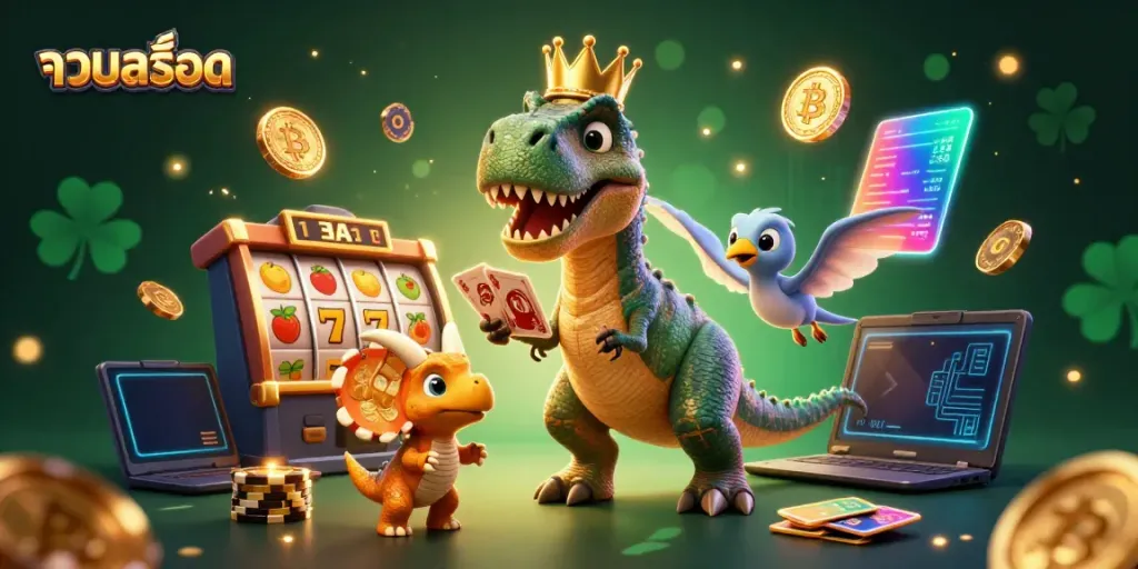 Experience the excitement of รวมสล็อต with a friendly T-Rex, Pterodactyl, and baby Triceratops in a vibrant casino setting.