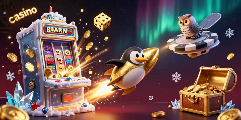 Experience a vibrant casino scene with a cartoon penguin, jackpot machines, and dazzling slots.