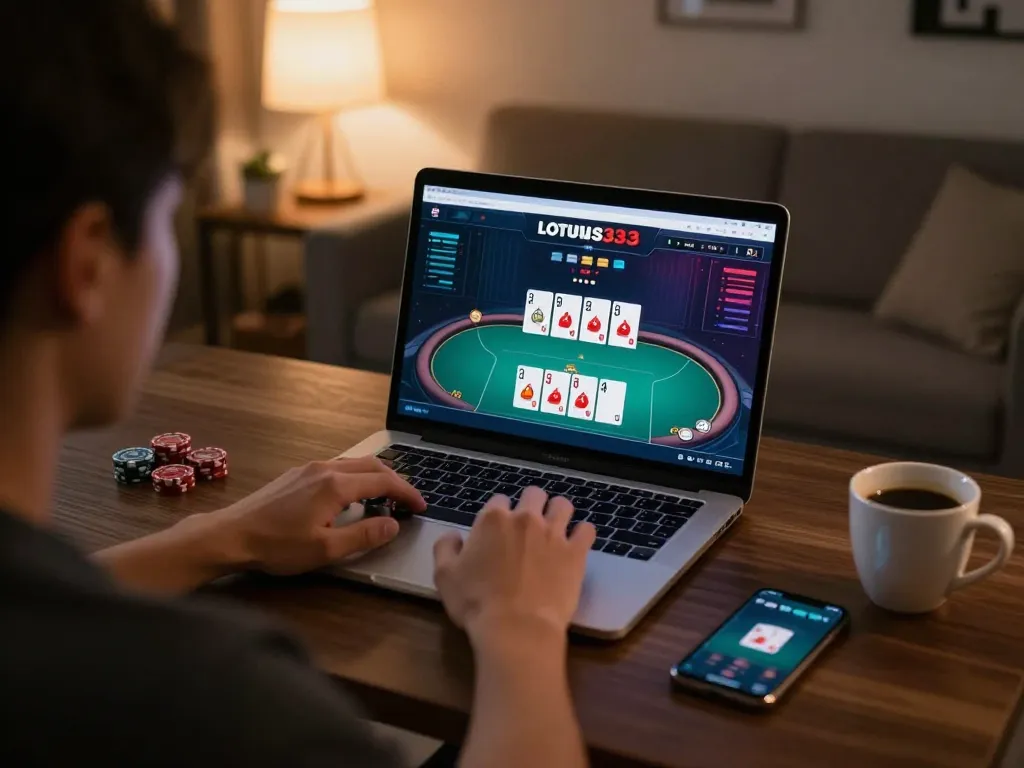 Engaging poker gameplay on LOTUS333 shown on a laptop, cozy home environment.