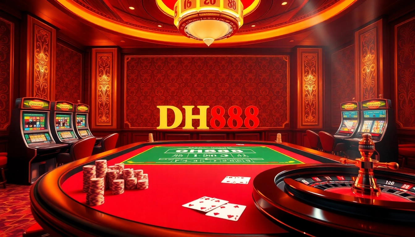 Experience thrilling gaming action at DH88's luxurious casino tables with poker chips and elegant cards.