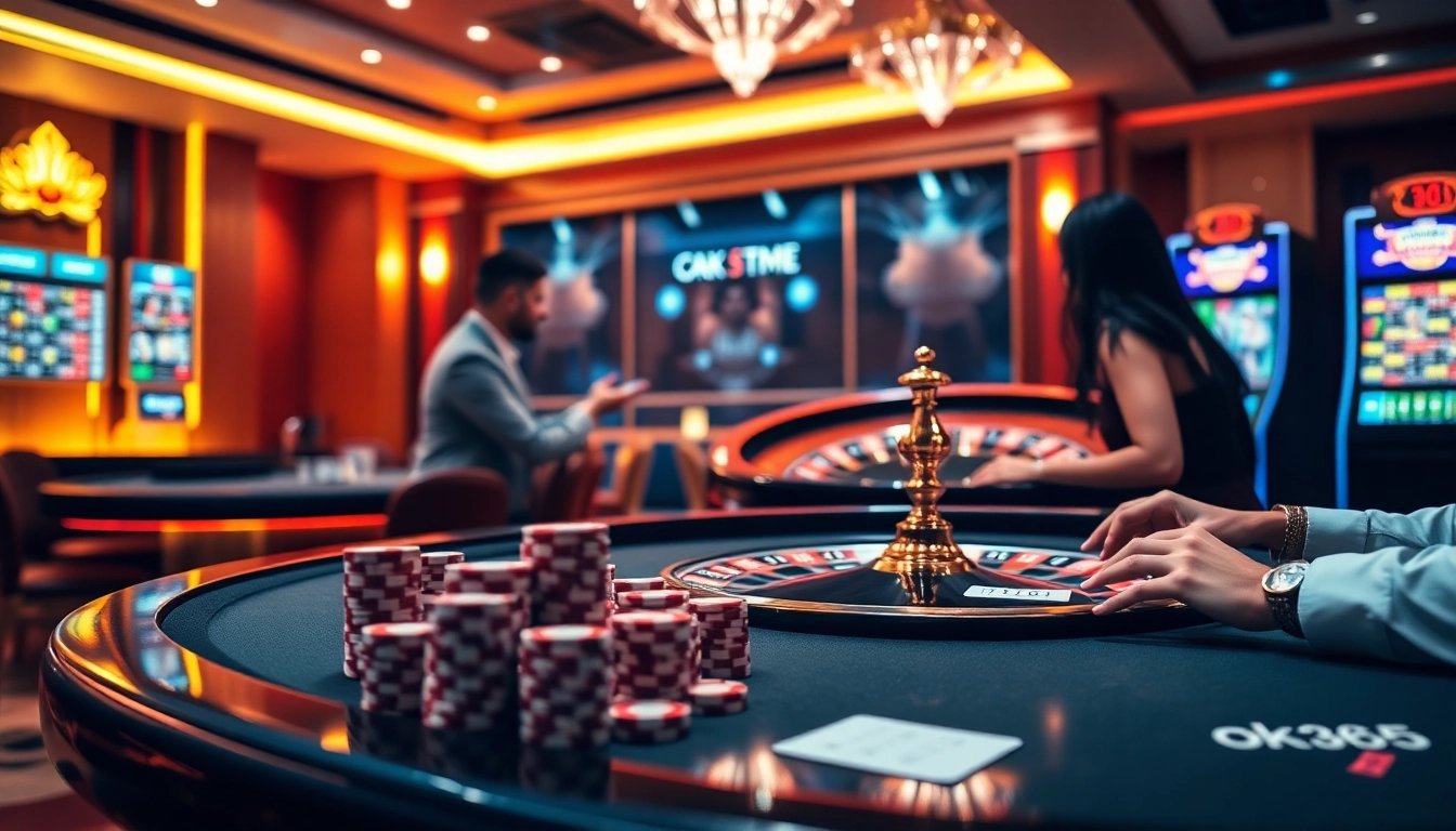 Enjoying an exciting game at ok365's luxury online casino with vibrant tables and engaging players.